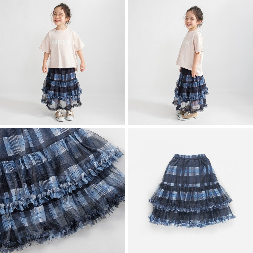 日本童裝 Branshes 格紋薄紗荷葉邊多層半裙 90-150cm 女童款 夏季 SKIRTS