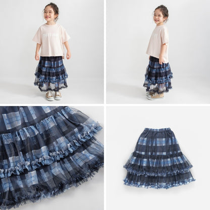 日本童裝 Branshes 格紋薄紗荷葉邊多層半裙 90-150cm 女童款 夏季 SKIRTS
