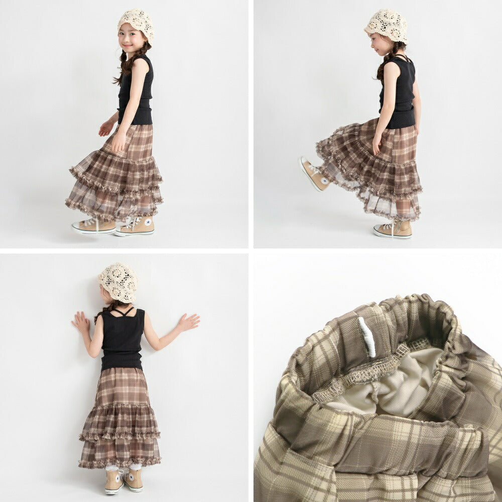 日本童裝 Branshes 格紋薄紗荷葉邊多層半裙 90-150cm 女童款 夏季 SKIRTS