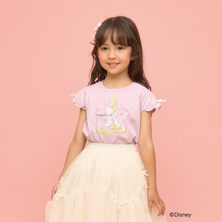 日本童裝 Ly# mine x Disney 防UV 吸水速乾 【棉100％不易變形】扇形袖印花上衣 90-140cm 女童款 夏季 TOPS