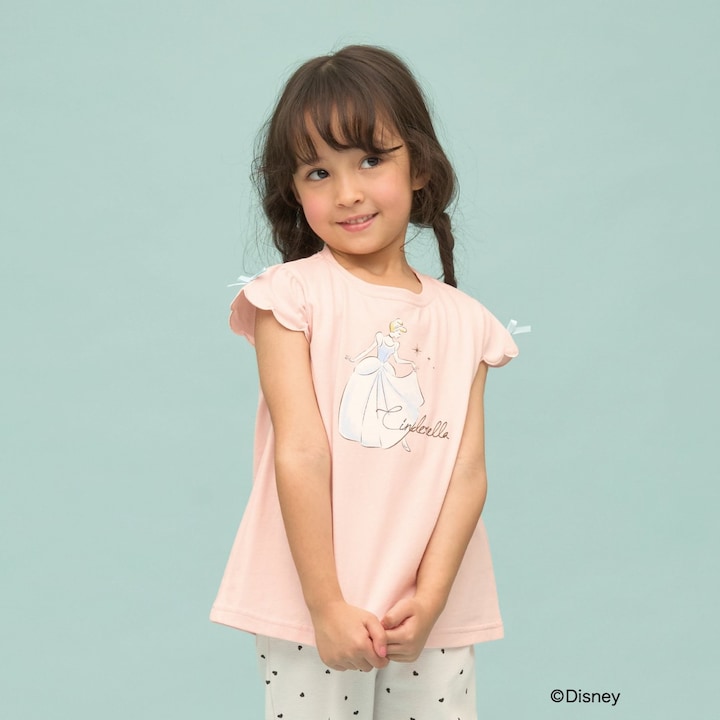 日本童裝 Ly# mine x Disney 防UV 吸水速乾 【棉100％不易變形】扇形袖印花上衣 90-140cm 女童款 夏季 TOPS