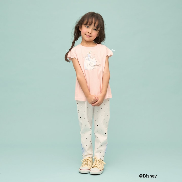 日本童裝 Ly# mine x Disney 防UV 吸水速乾 【棉100％不易變形】扇形袖印花上衣 90-140cm 女童款 夏季 TOPS