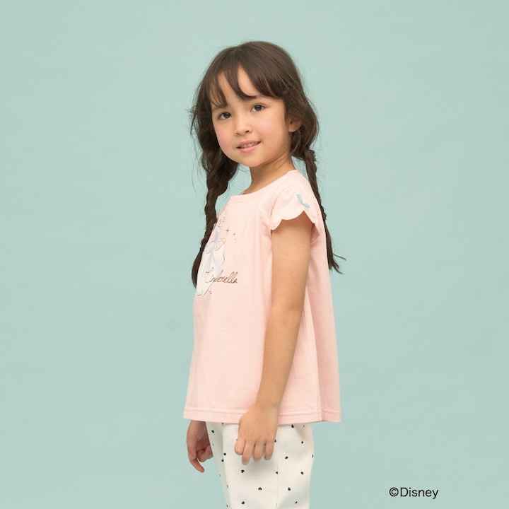 日本童裝 Ly# mine x Disney 防UV 吸水速乾 【棉100％不易變形】扇形袖印花上衣 90-140cm 女童款 夏季 TOPS