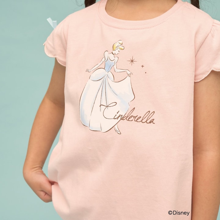 日本童裝 Ly# mine x Disney 防UV 吸水速乾 【棉100％不易變形】扇形袖印花上衣 90-140cm 女童款 夏季 TOPS