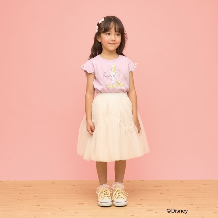 日本童裝 Ly# mine x Disney 防UV 吸水速乾 【棉100％不易變形】扇形袖印花上衣 90-140cm 女童款 夏季 TOPS