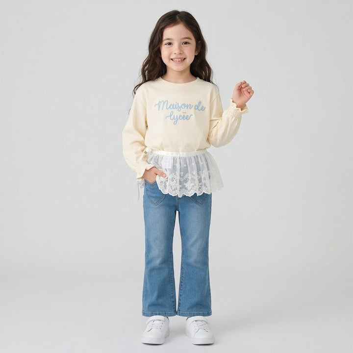 日本童裝 Ly# mine 防UV 吸水速乾 【棉100％不易變形】刺繡皺褶袖上衣 100-150cm 女童款 夏季 TOPS