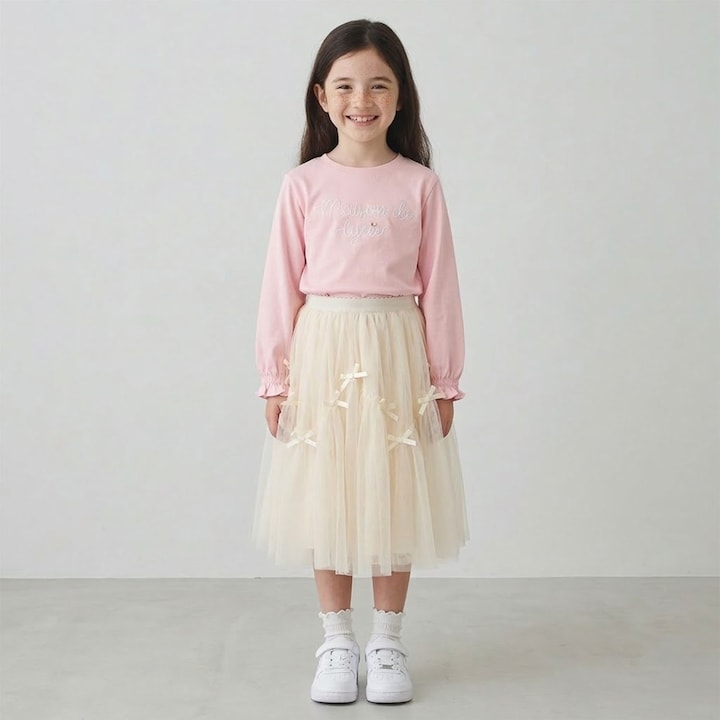 日本童裝 Ly# mine 防UV 吸水速乾 【棉100％不易變形】刺繡皺褶袖上衣 100-150cm 女童款 夏季 TOPS