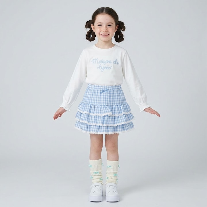 日本童裝 Ly# mine 防UV 吸水速乾 【棉100％不易變形】刺繡皺褶袖上衣 100-150cm 女童款 夏季 TOPS
