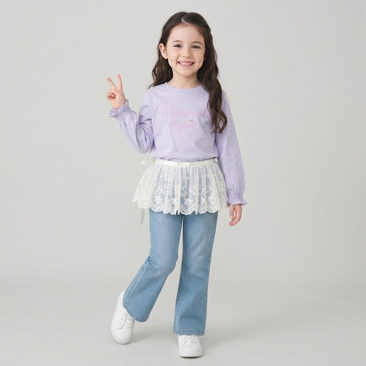 日本童裝 Ly# mine 防UV 吸水速乾 【棉100％不易變形】刺繡皺褶袖上衣 100-150cm 女童款 夏季 TOPS