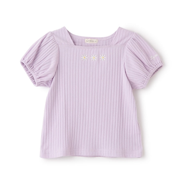 日本童裝 Ly# mine 方領泡泡袖刺繡上衣 100-150cm 女童款 夏季 TOPS