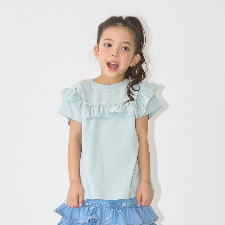 日本童裝 Ly# mine 防UV 吸水速乾 【棉100％不易變形】荷葉邊上衣 90-150cm 女童款 夏季 TOPS