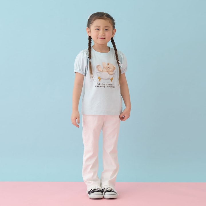 日本童裝 Ly# mine  防UV 接觸冷感 小熊印花泡泡袖上衣 100-150cm 女童款 夏季 TOPS
