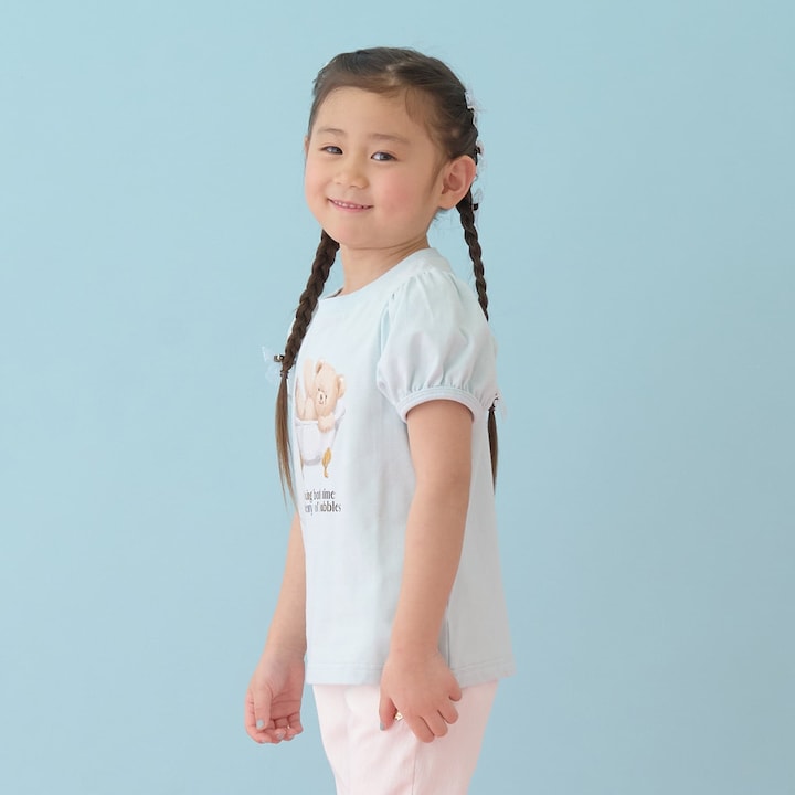 日本童裝 Ly# mine  防UV 接觸冷感 小熊印花泡泡袖上衣 100-150cm 女童款 夏季 TOPS