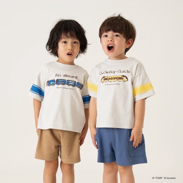 日本童裝 b・R# x 集合吧！PLARAIL玩具車 2Way 前後兩著 防污系列 吸水速乾 印花上衣 90-120cm 男童款 夏季 TOPS