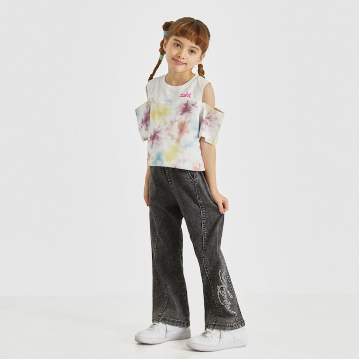 日本童裝 X-girl Stages 鑲鑽Logo喇叭牛仔長褲 90-140cm 女童款 夏季 PANTS
