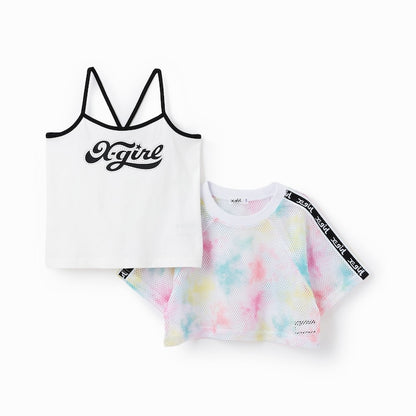 日本童裝 X-girl Stages 網眼短上衣及logo吊帶兩件套裝 90-140cm 女童款 夏季 TOPS