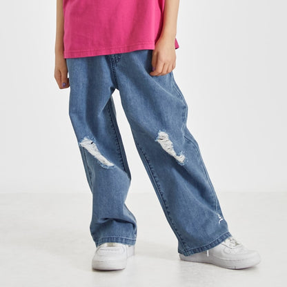 日本童裝 X-girl Stages 破洞闊腿牛仔褲 110-140cm 女童款 夏季 PANTS