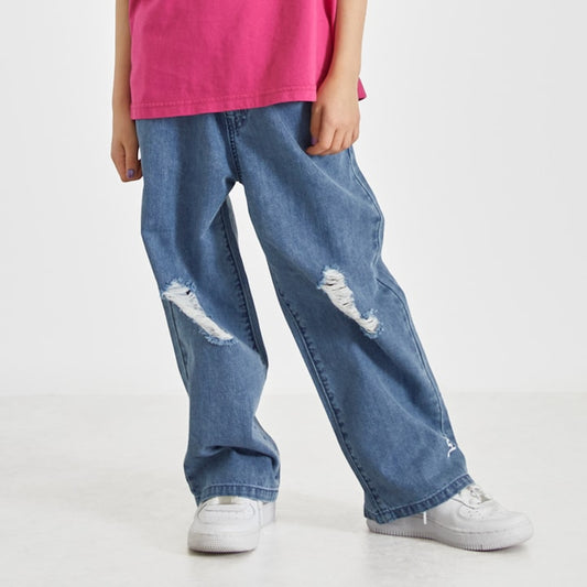 日本童裝 X-girl Stages 破洞闊腿牛仔褲 110-140cm 女童款 夏季 PANTS