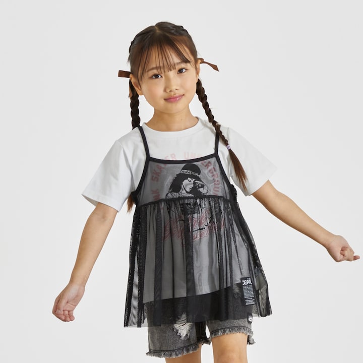 日本童裝 X-girl Stages 插畫上衣網眼吊帶兩件套裝 90-140cm 女童款 夏季 TOPS