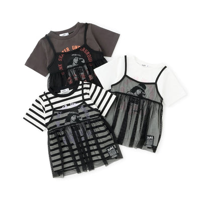 日本童裝 X-girl Stages 插畫上衣網眼吊帶兩件套裝 90-140cm 女童款 夏季 TOPS