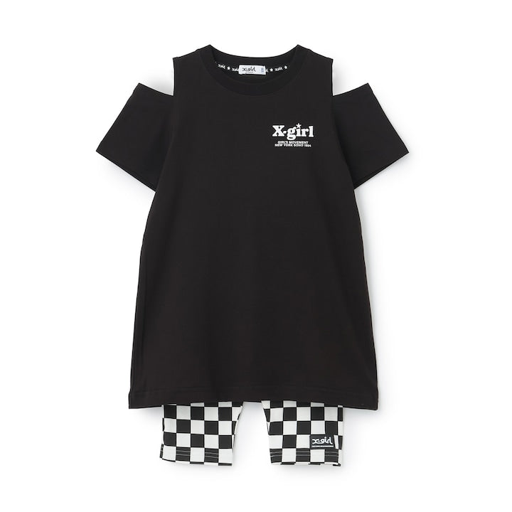 日本童裝 X-girl Stages 防UV 接觸冷感 LOGO露肩連身裙+5分長緊身褲套裝 90-140cm 女童款 夏季 TOPS PANTS