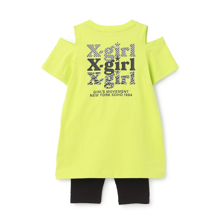 日本童裝 X-girl Stages 防UV 接觸冷感 LOGO露肩連身裙+5分長緊身褲套裝 90-140cm 女童款 夏季 TOPS PANTS