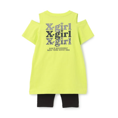 日本童裝 X-girl Stages 防UV 接觸冷感 LOGO露肩連身裙+5分長緊身褲套裝 90-140cm 女童款 夏季 TOPS PANTS