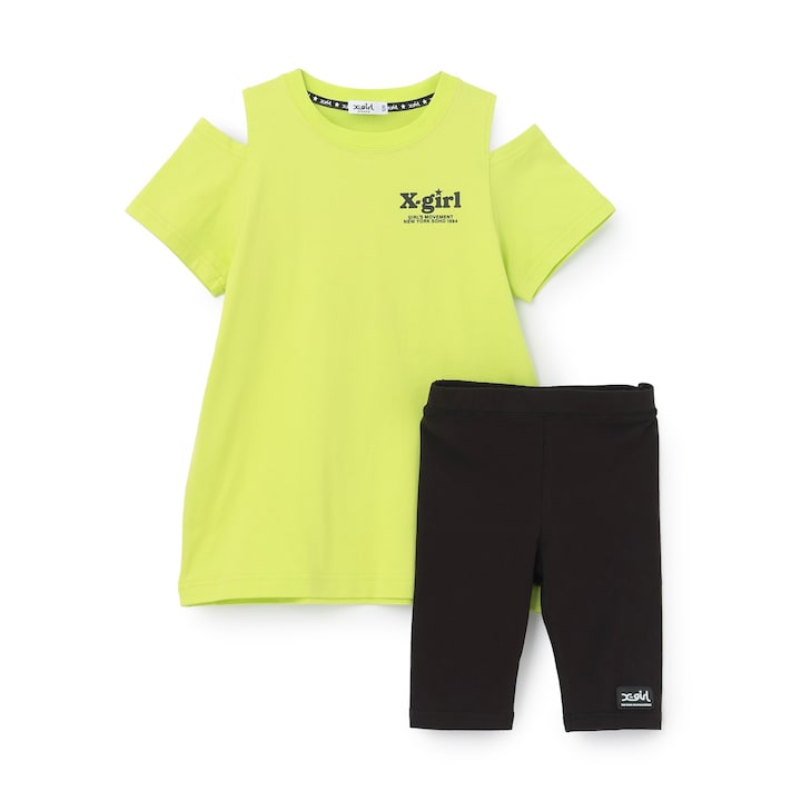 日本童裝 X-girl Stages 防UV 接觸冷感 LOGO露肩連身裙+5分長緊身褲套裝 90-140cm 女童款 夏季 TOPS PANTS