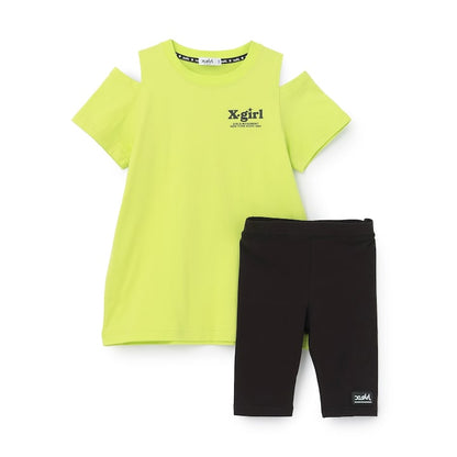 日本童裝 X-girl Stages 防UV 接觸冷感 LOGO露肩連身裙+5分長緊身褲套裝 90-140cm 女童款 夏季 TOPS PANTS