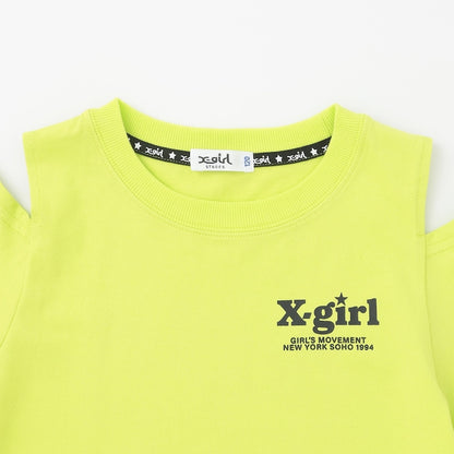 日本童裝 X-girl Stages 防UV 接觸冷感 LOGO露肩連身裙+5分長緊身褲套裝 90-140cm 女童款 夏季 TOPS PANTS