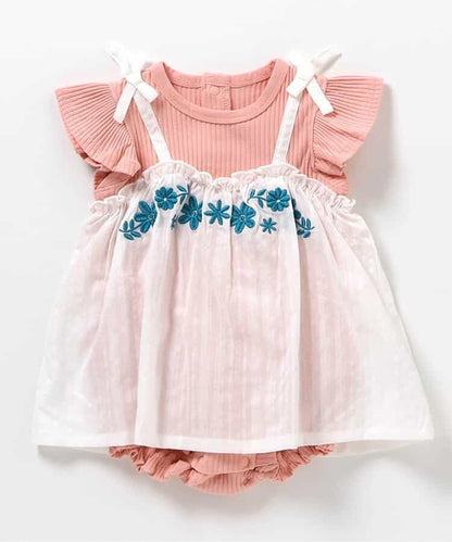 日本童裝 apres les cours 花花刺繡假兩件連衣 70-80cm 女童款 初生嬰兒 夏季 Jumpsuit