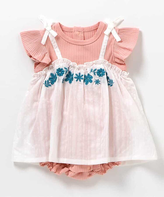 日本童裝 apres les cours 花花刺繡假兩件連衣 70-80cm 女童款 初生嬰兒 夏季 Jumpsuit
