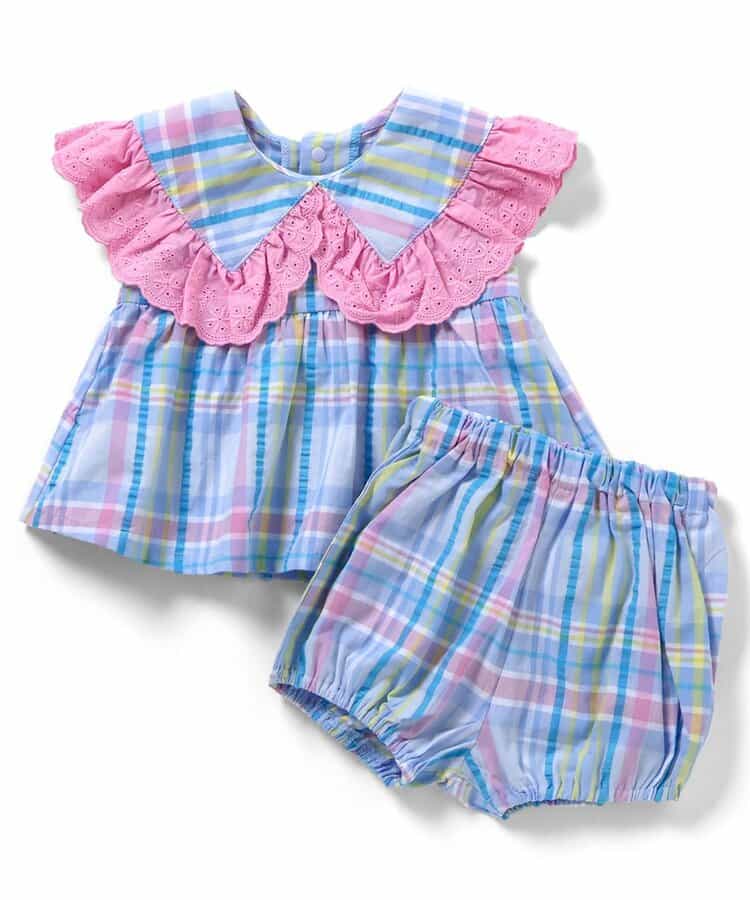 日本童裝 apres les cours 格紋條紋兩件套裝 70-80cm 女童款 夏季 TOPS  PANTS