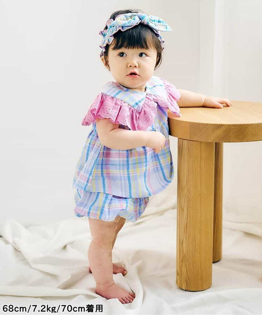 日本童裝 apres les cours 格紋條紋兩件套裝 70-80cm 女童款 夏季 TOPS  PANTS