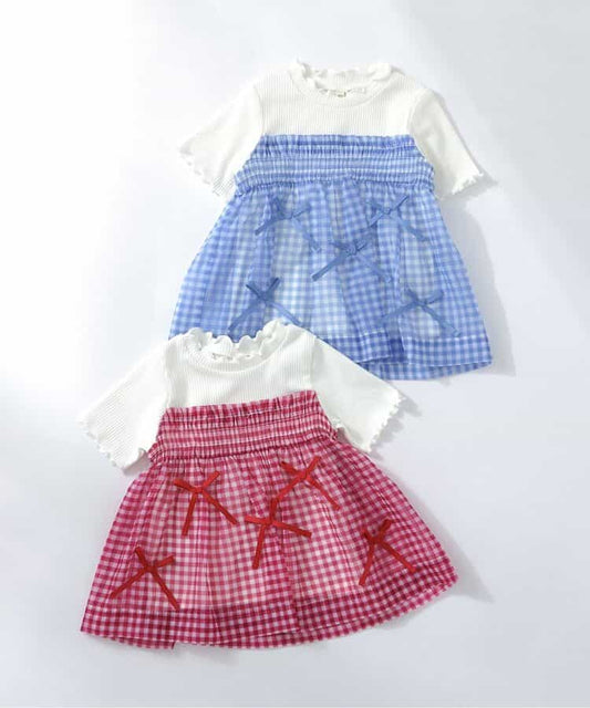 日本童裝 apres les cours 格紋皺褶緞帶上衣 80-140cm 女童款 夏季 TOPS