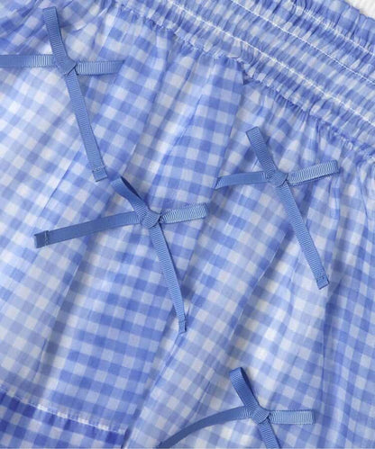 日本童裝 apres les cours 格紋皺褶緞帶上衣 80-140cm 女童款 夏季 TOPS