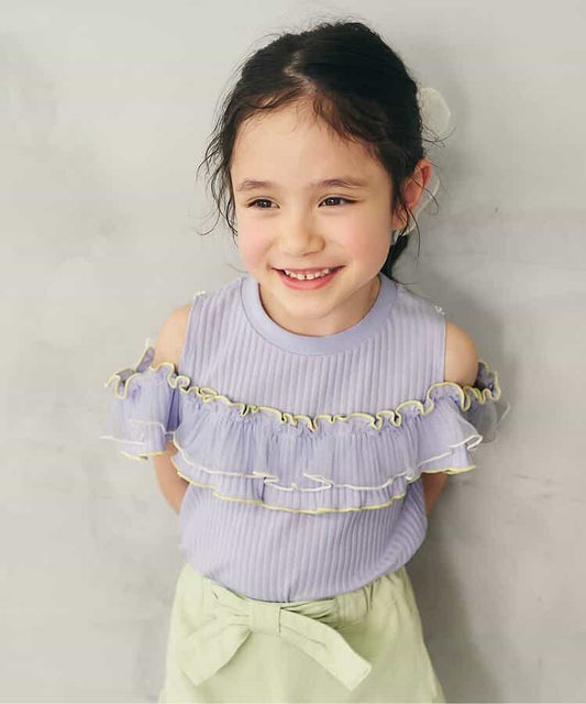 日本童裝 apres les cours 露肩薄紗撞色上衣 80-140cm 女童款 夏季 TOPS