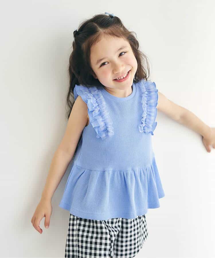 日本童裝 apres les cours 華夫格荷葉邊薄紗上衣 80-140cm 女童款 夏季 TOPS
