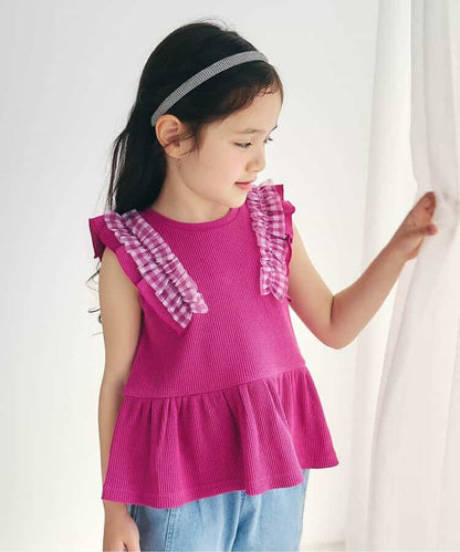 日本童裝 apres les cours 華夫格荷葉邊薄紗上衣 80-140cm 女童款 夏季 TOPS