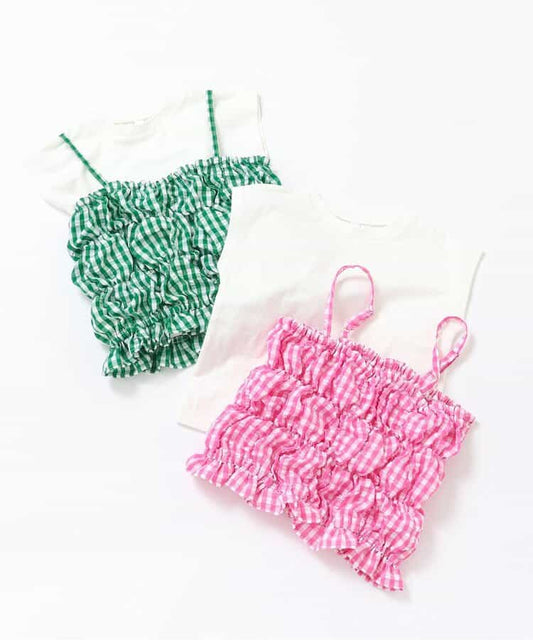 日本童裝 BREEZE 皺褶格紋兩件式上衣 80-140cm 女童款 夏季 TOPS