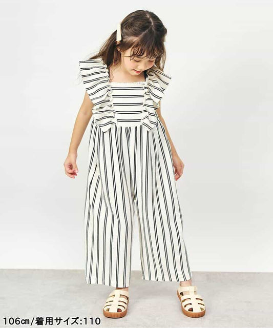 日本童裝 apres les cours 吸水速乾 條紋波點荷葉邊背帶褲 90-140cm 女童款 夏季 Jumpsuit