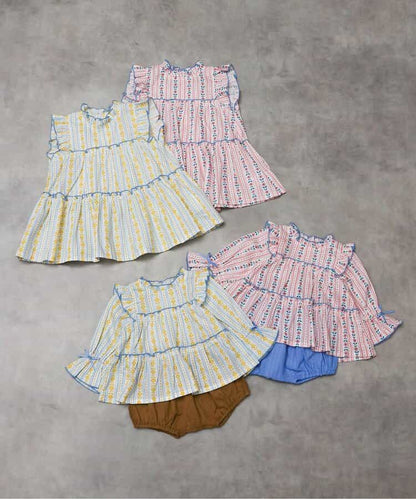 日本童裝 apres les cours 花卉條紋上衣及燈籠褲套裝 70-80cm 女童款 夏季 TOPS PANTS