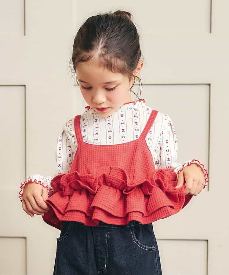 日本童裝 apres les cours 華夫格荷葉邊吊帶背心 90-140cm 女童款 秋季 TOPS 聖誕紅/新年紅