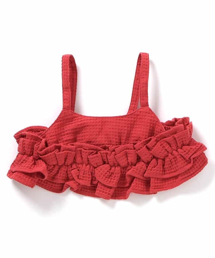 日本童裝 apres les cours 華夫格荷葉邊吊帶背心 90-140cm 女童款 秋季 TOPS 聖誕紅/新年紅