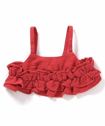 日本童裝 apres les cours 華夫格荷葉邊吊帶背心 90-140cm 女童款 秋季 TOPS 聖誕紅/新年紅