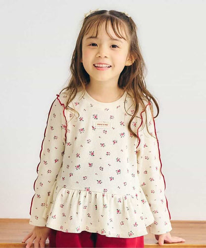 日本童裝 apres les cours 華夫格荷葉邊上衣 80-140cm 女童款 初生嬰兒 秋季 TOPS  聖誕紅/新年紅