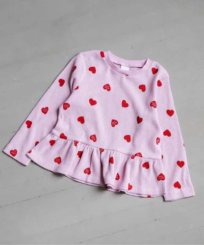 日本童裝 apres les cours 華夫格荷葉邊上衣 80-140cm 女童款 初生嬰兒 秋季 TOPS  聖誕紅/新年紅