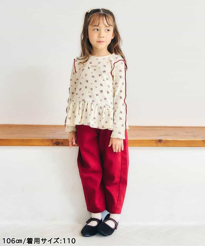 日本童裝 apres les cours 華夫格荷葉邊上衣 80-140cm 女童款 初生嬰兒 秋季 TOPS  聖誕紅/新年紅