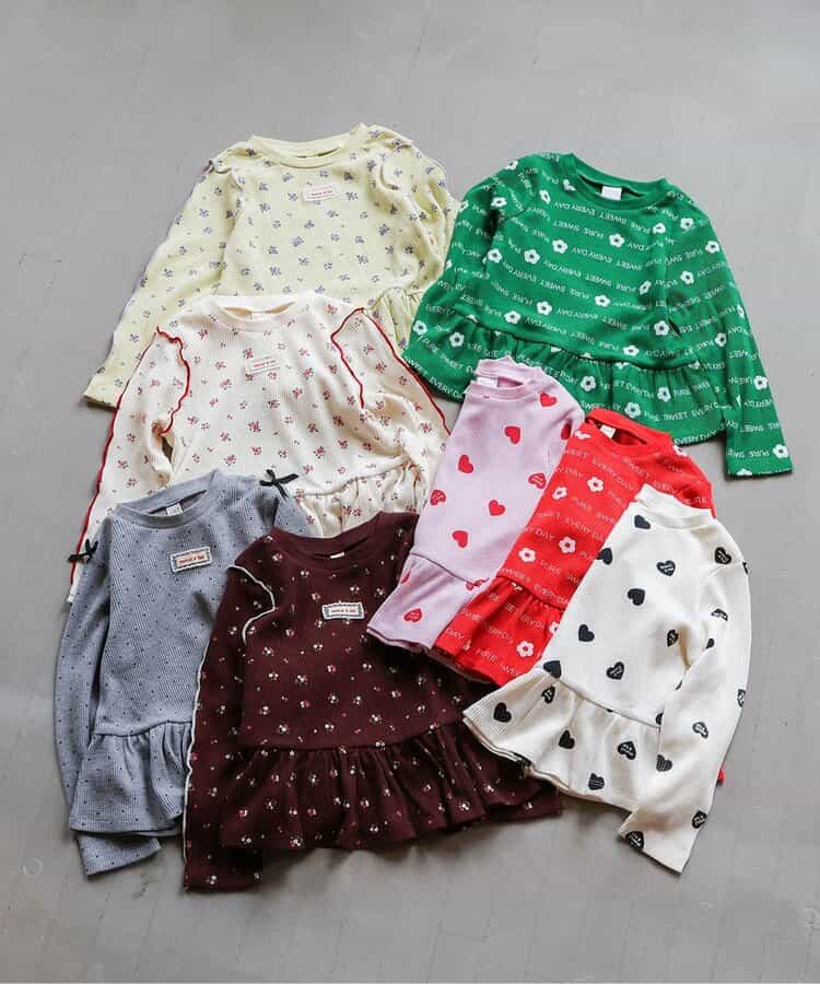 日本童裝 apres les cours 華夫格荷葉邊上衣 80-140cm 女童款 初生嬰兒 秋季 TOPS  聖誕紅/新年紅