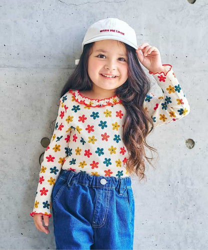 日本童裝 apres les cours 華夫格紋荷葉邊領上衣 80-140cm 女童款 秋季 TOPS 聖誕紅/新年紅